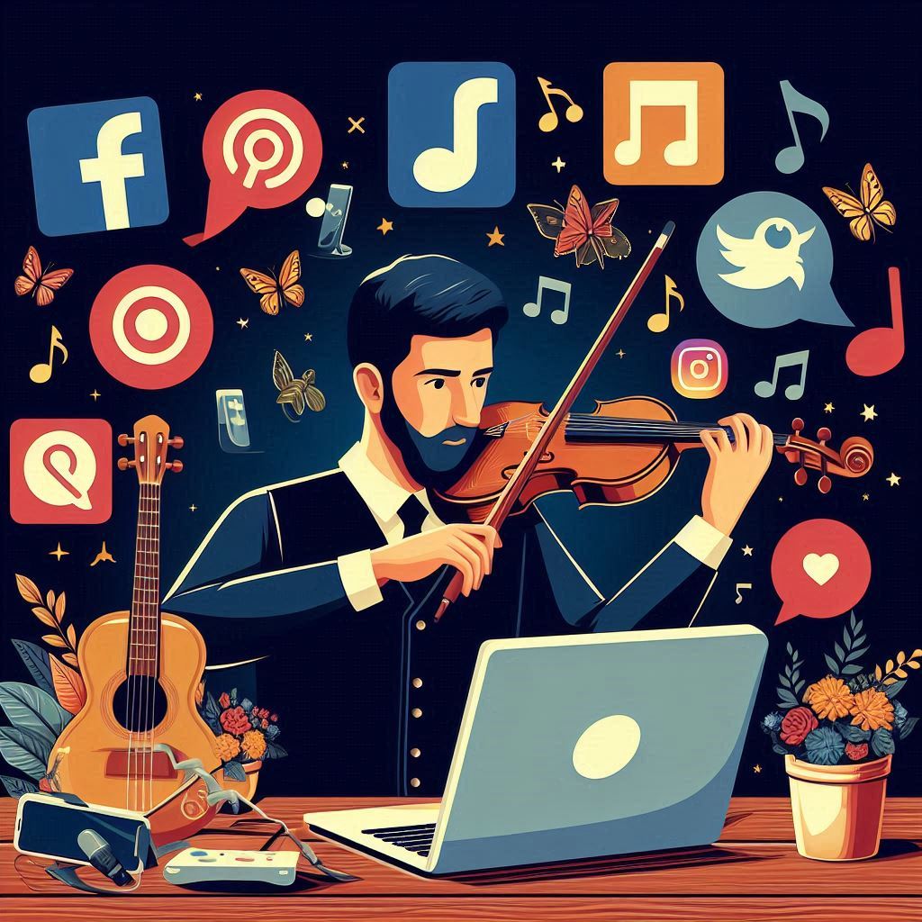 man playing violin with social media platform logos floating above head