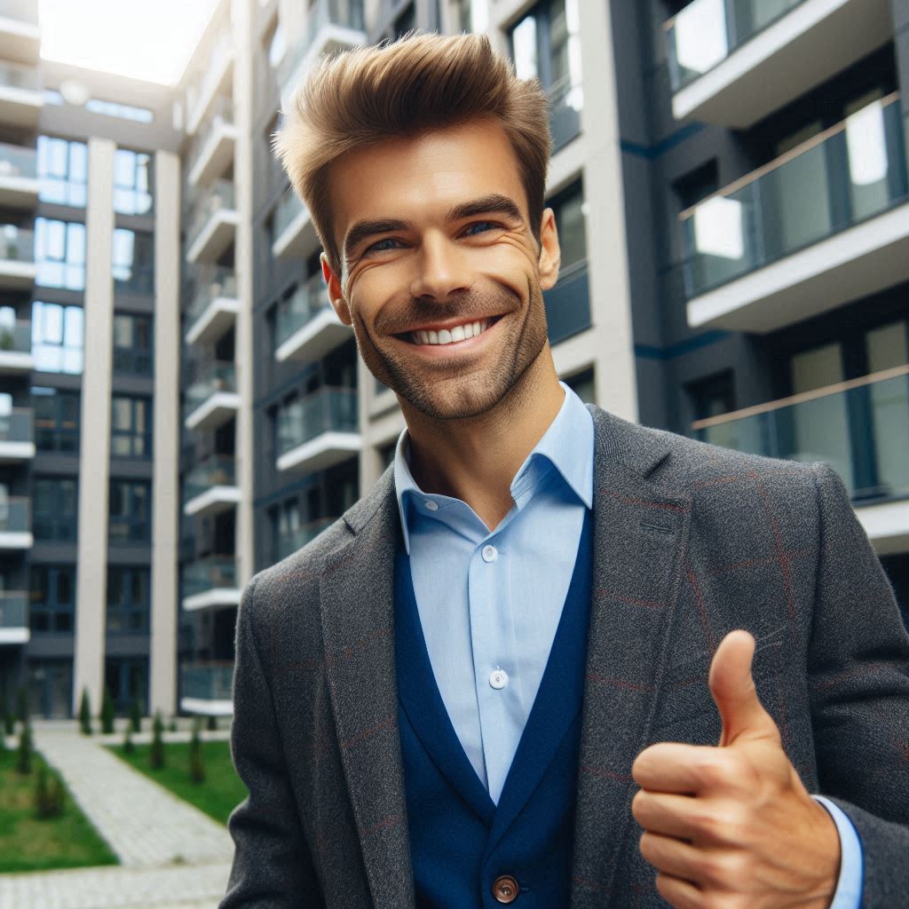 happy landlord in front of apartments giving thumbs up